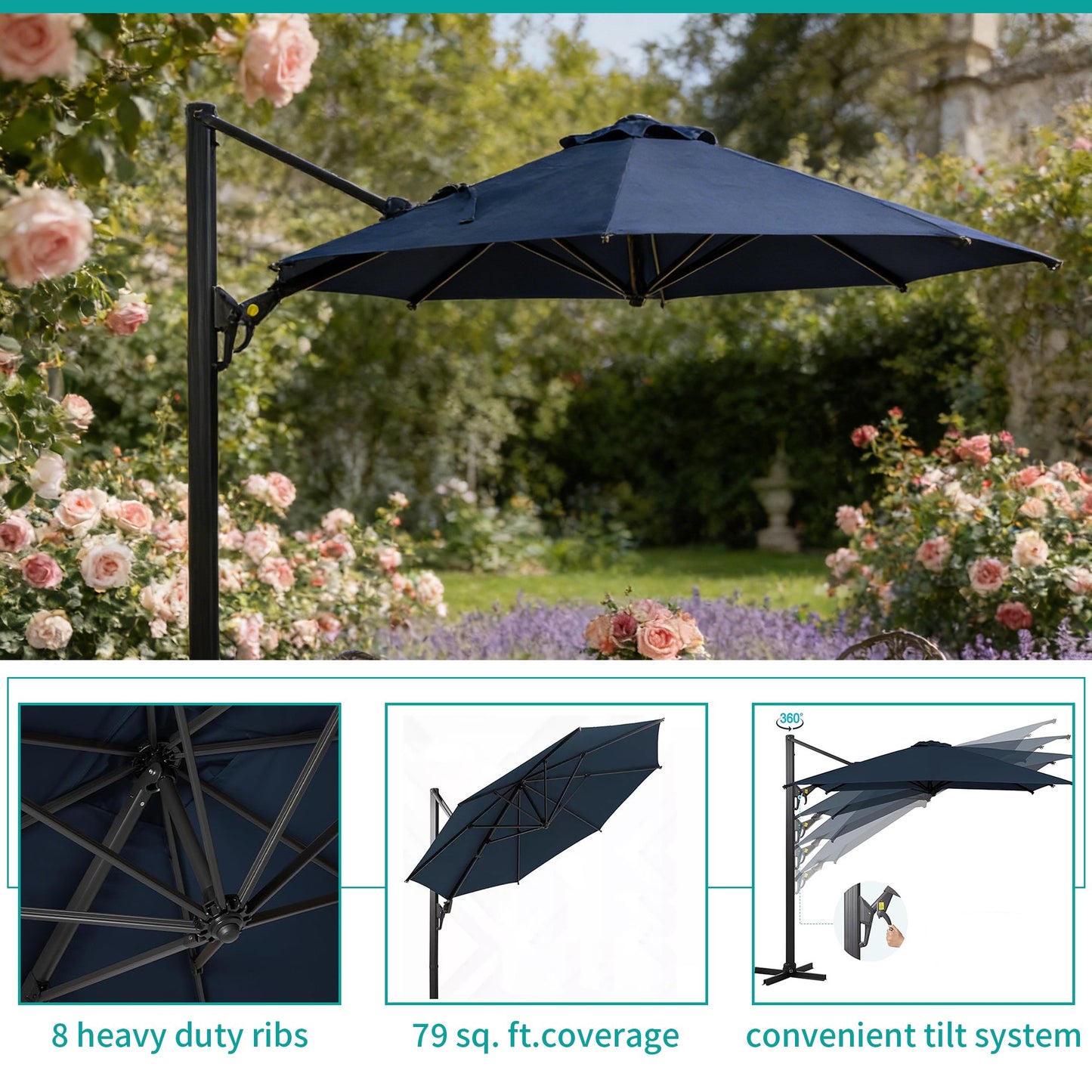 EMOOTTOO 10ft Square Cantilever Patio Umbrella with 360° Rotation & Infinite Tilt, Heavy Duty Offset Outdoor Umbrella, Blue (Base Not Included)