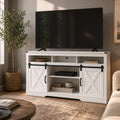 color:white | White 58-inch farmhouse TV stand in a styled living room