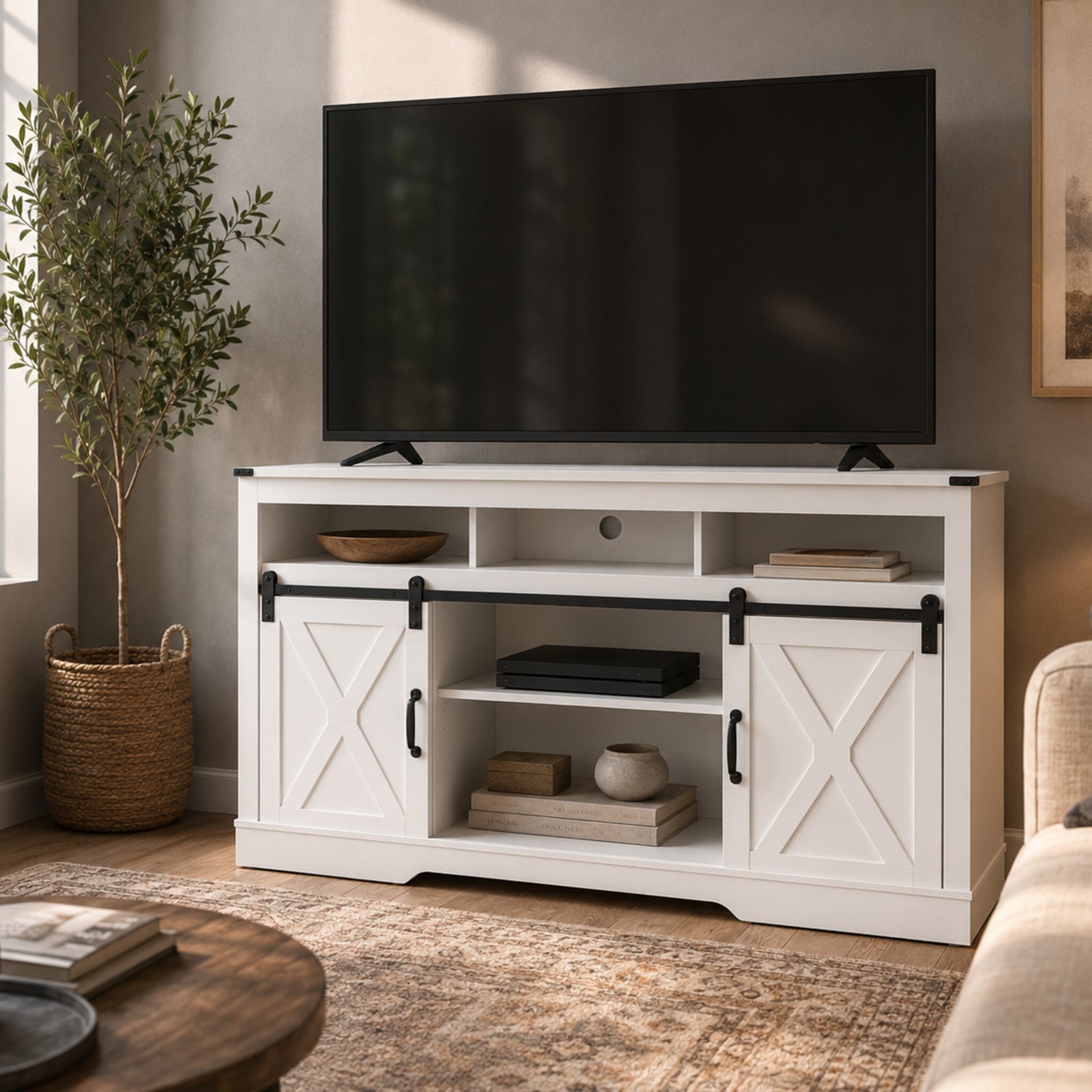 color:white | White 58-inch farmhouse TV stand in a styled living room