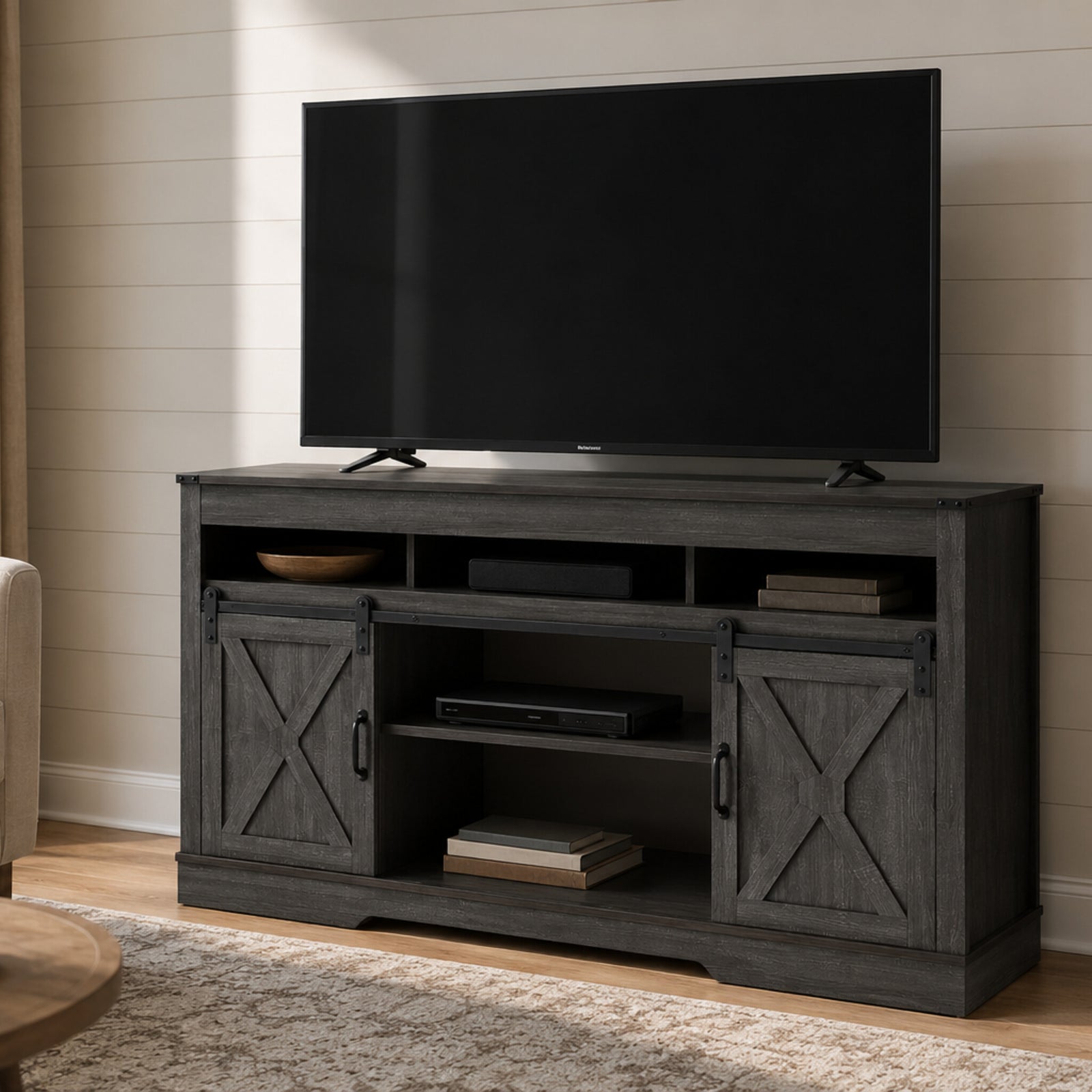 color:dark-gray | Dark Gray 58-inch farmhouse TV stand in a styled living room
