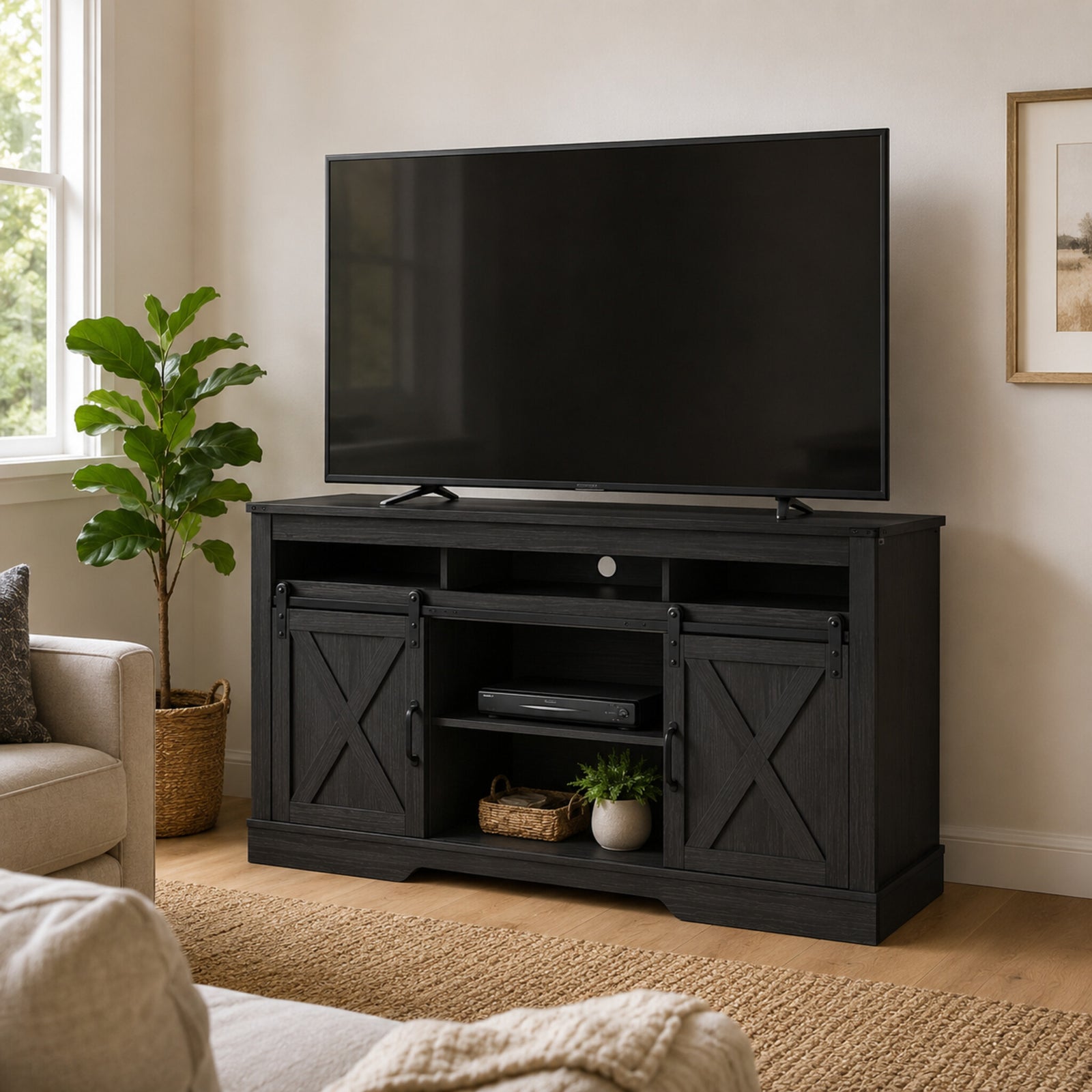 color:black | Black 58-inch farmhouse TV stand in a styled living room