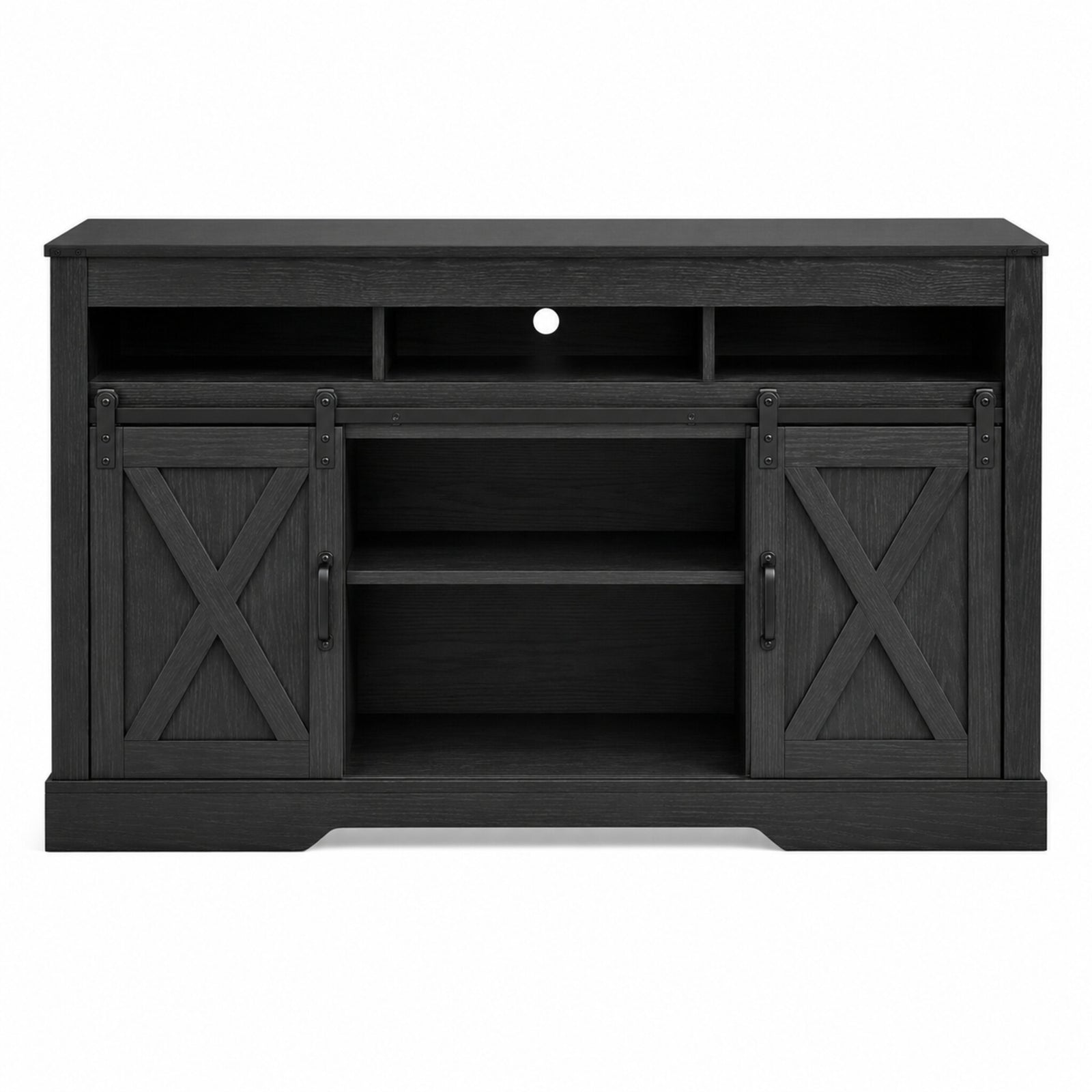 color:black | Black 58-inch farmhouse TV stand front view on 