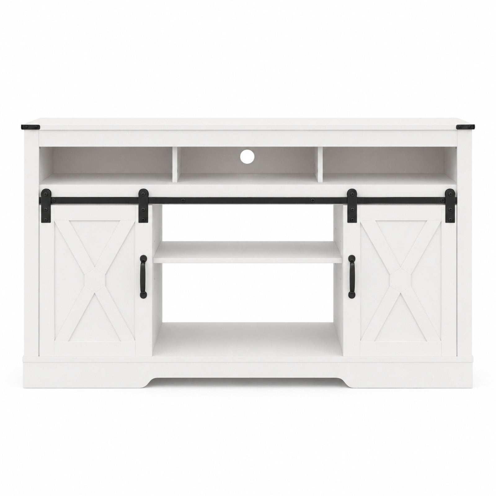 color:white | White 58-inch farmhouse TV stand front view on a white background