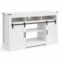 color:white | White 58-inch farmhouse TV stand angled view on a white background