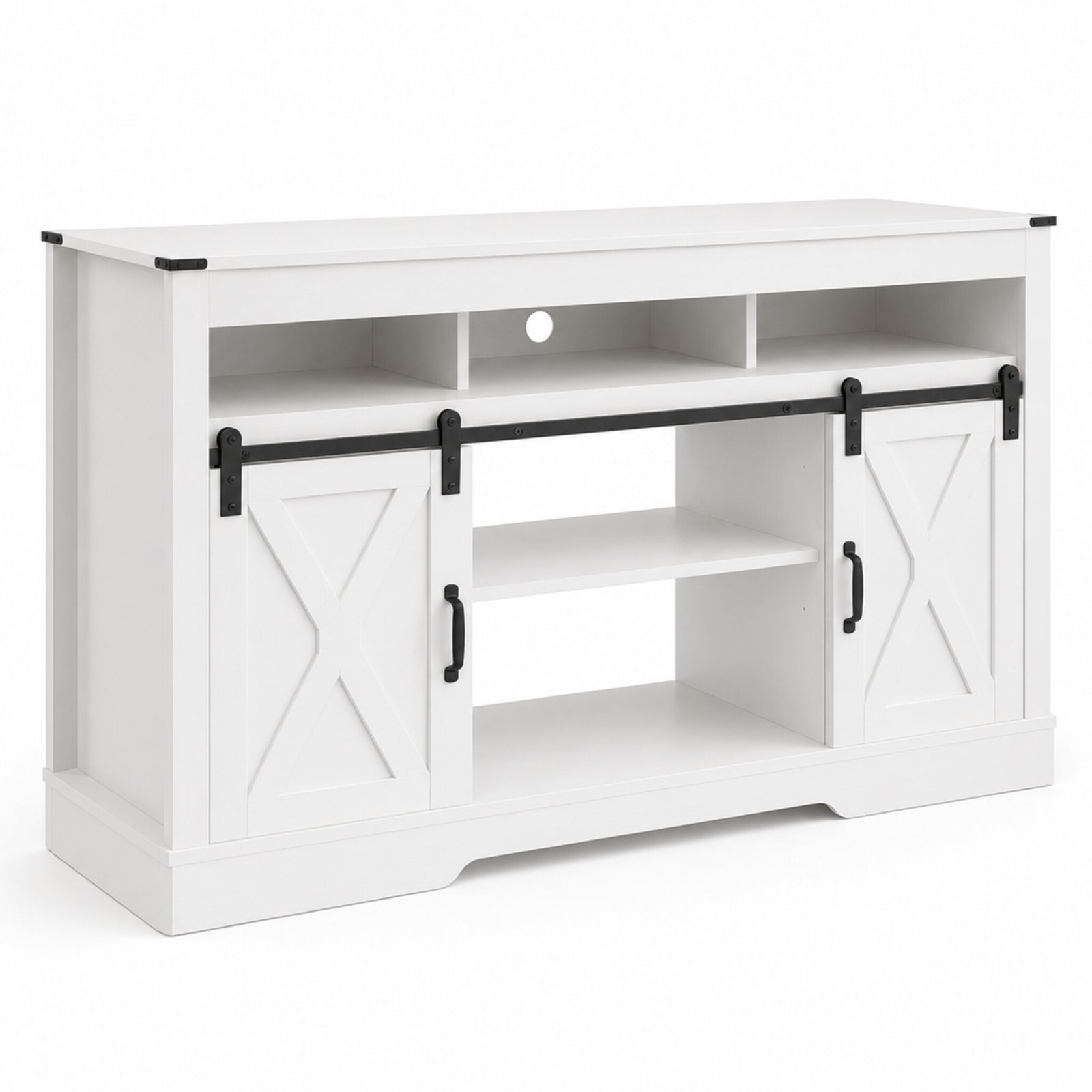 color:white | White 58-inch farmhouse TV stand angled view on a white background