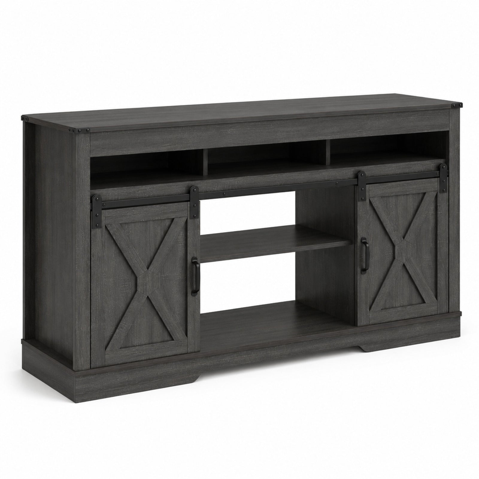 color:dark-gray | Dark Gray 58-inch farmhouse TV stand angled view 