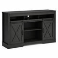 color:black | Black 58-inch farmhouse TV stand angled view on 