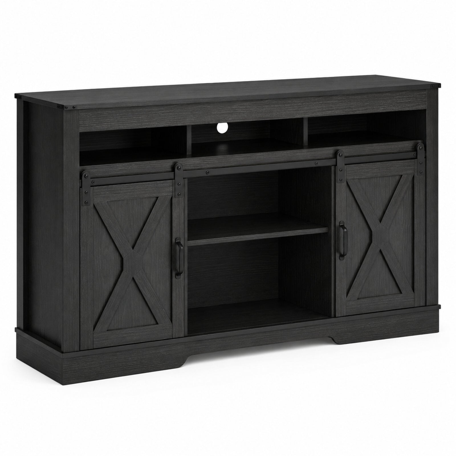 color:black | Black 58-inch farmhouse TV stand angled view on 