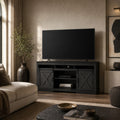 color:black | Black 58-inch farmhouse TV stand in a warm modern living room