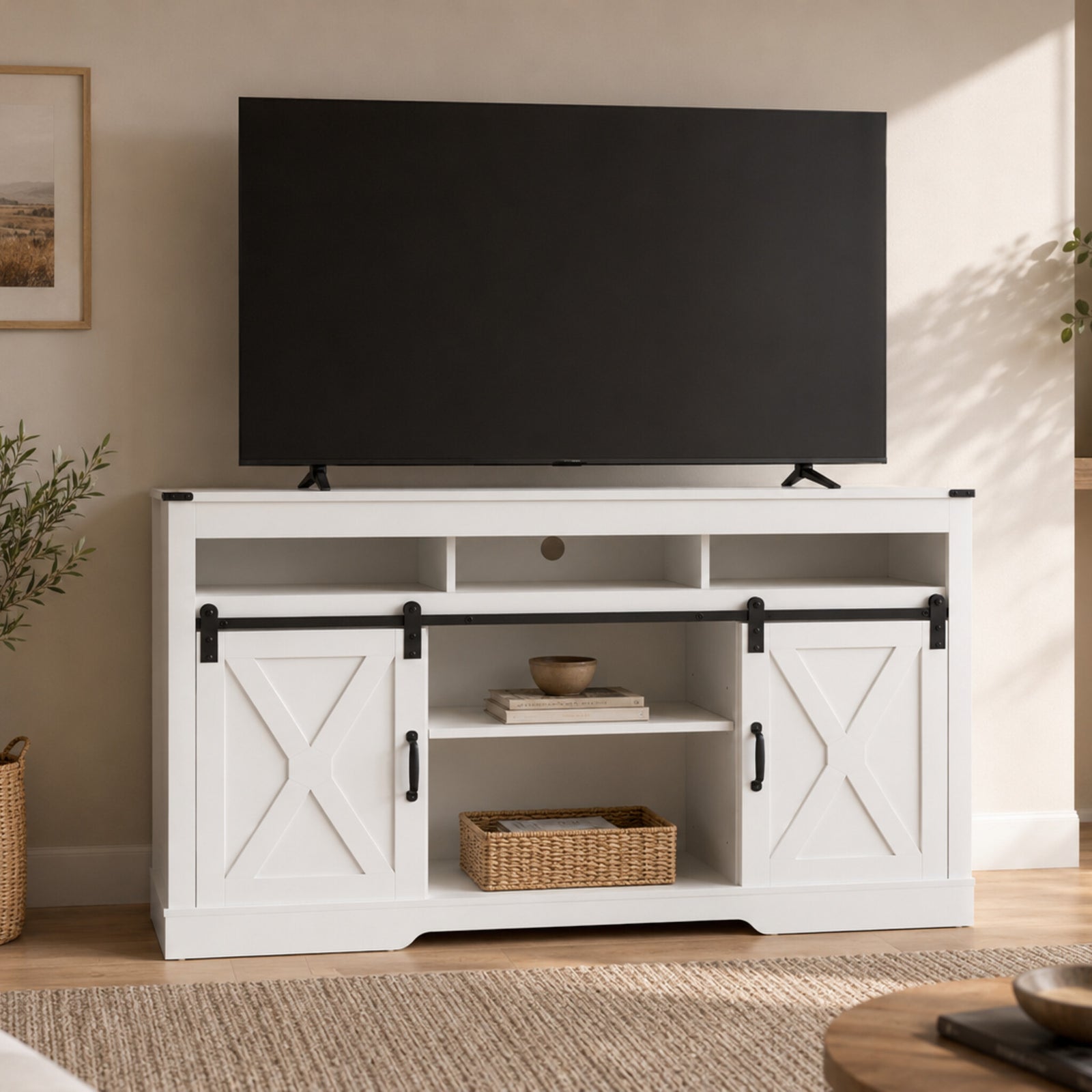 color:white | White 58-inch farmhouse TV stand in a warm modern living room