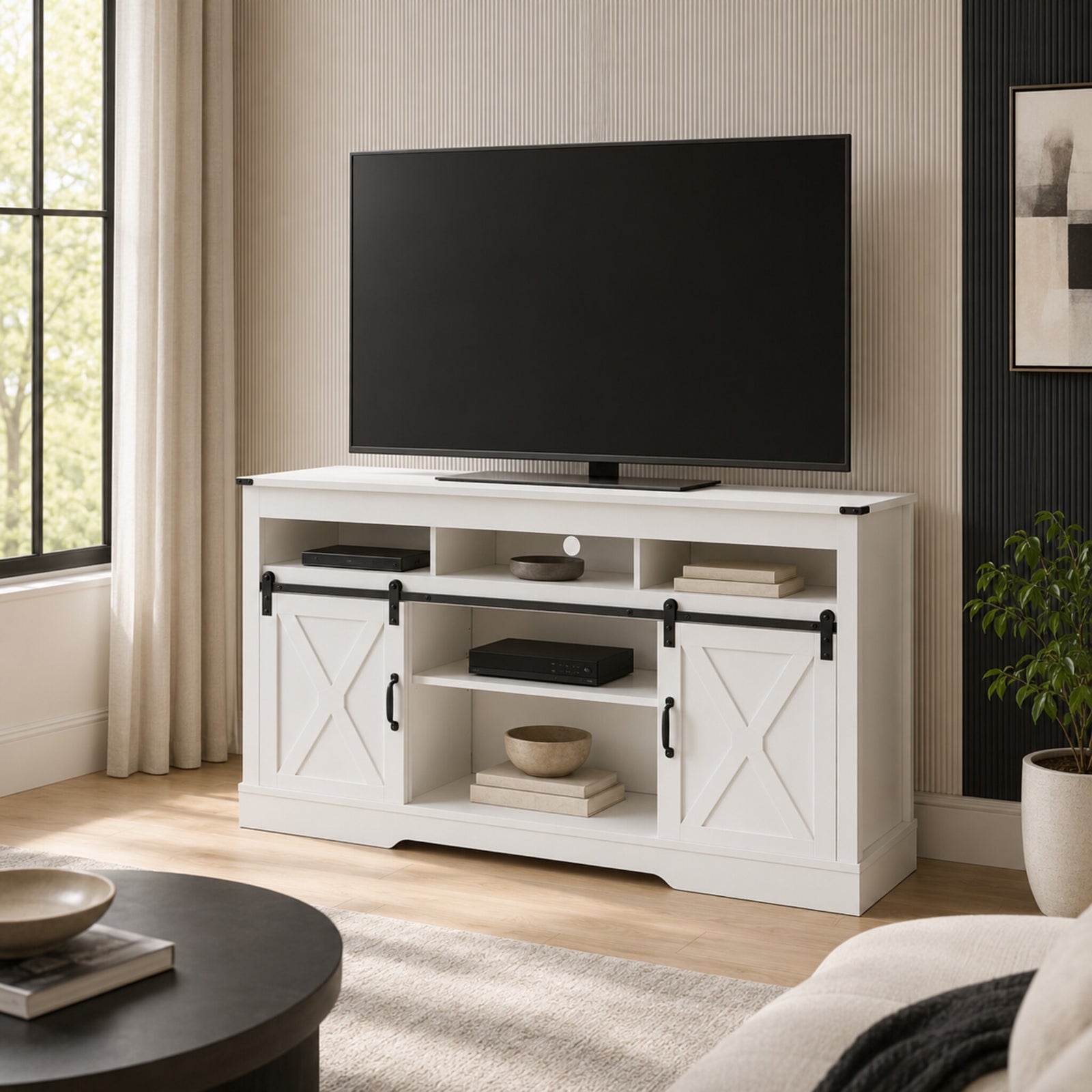 color:white | White 58-inch farmhouse TV stand in a contemporary living room