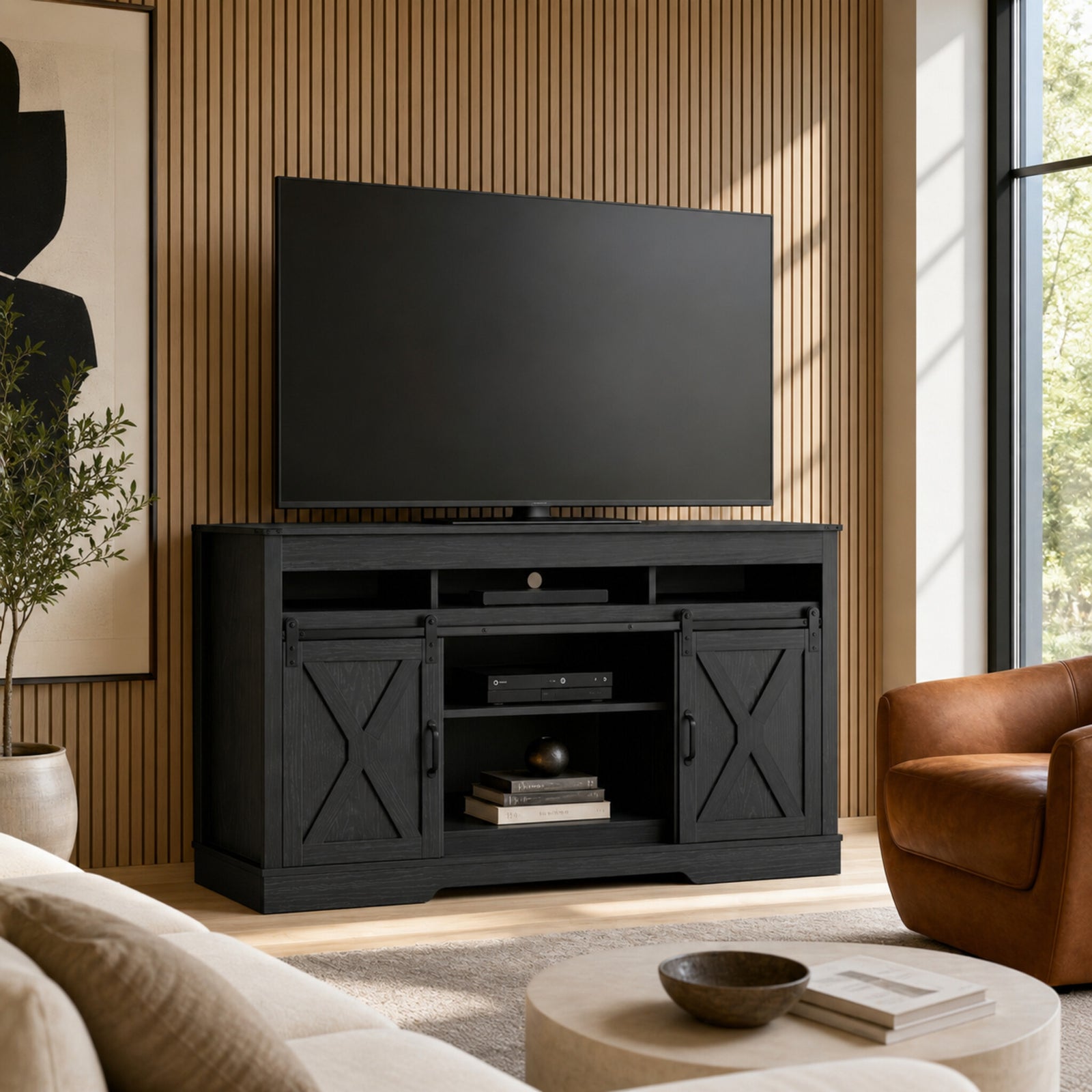 color:black | Black 58-inch farmhouse TV stand in a contemporary living room
