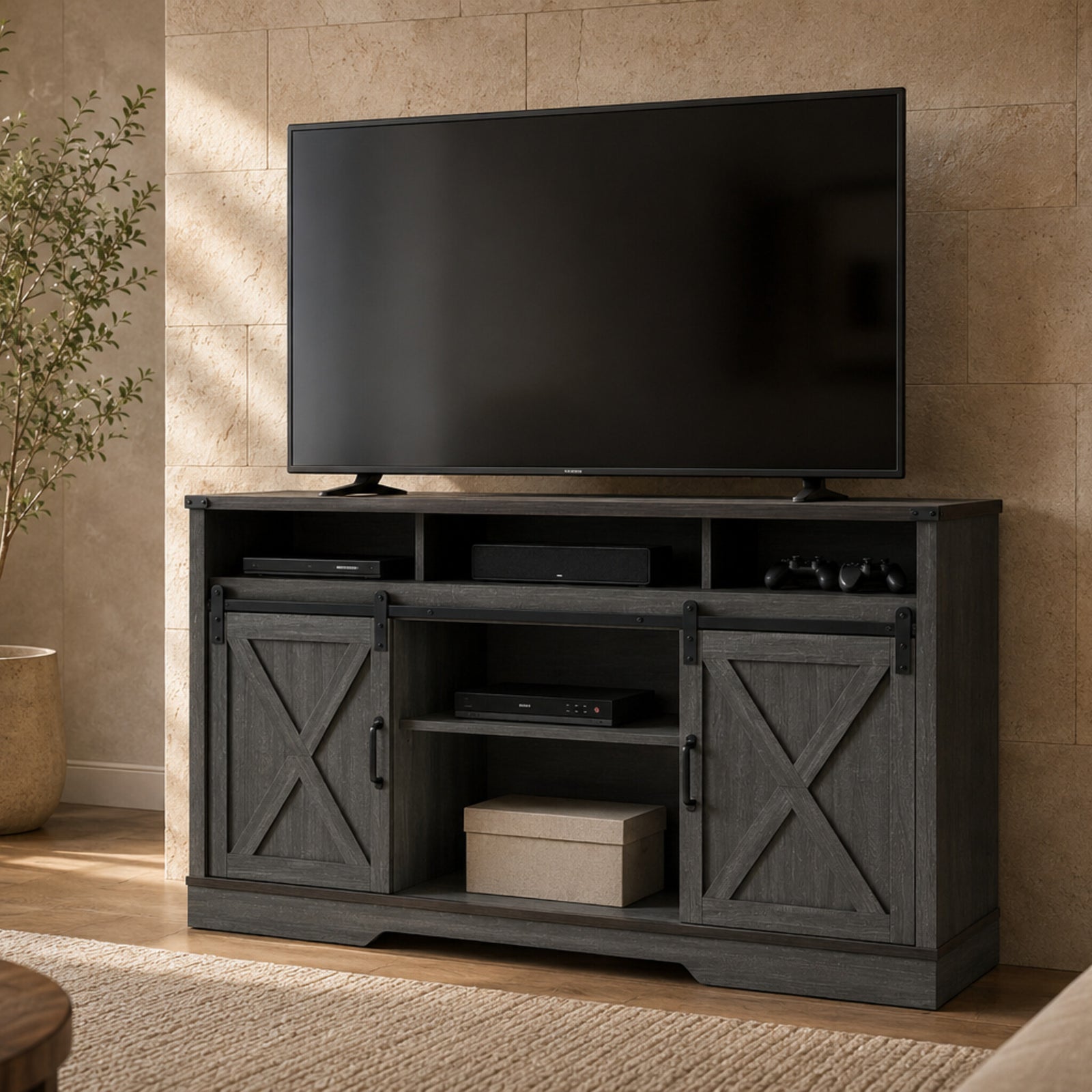 color:dark-gray | Dark Gray 58-inch farmhouse TV stand in a contemporary living room