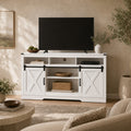 color:white | White 58-inch farmhouse TV stand in a cozy neutral living room