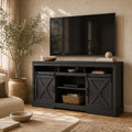 color:black | Black 58-inch farmhouse TV stand in a cozy neutral living room