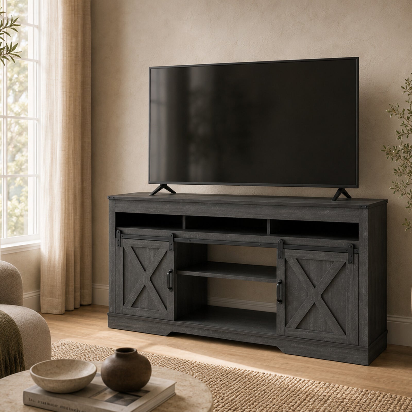 color:dark-gray | Dark Gray 58-inch farmhouse TV stand in a cozy neutral living room
