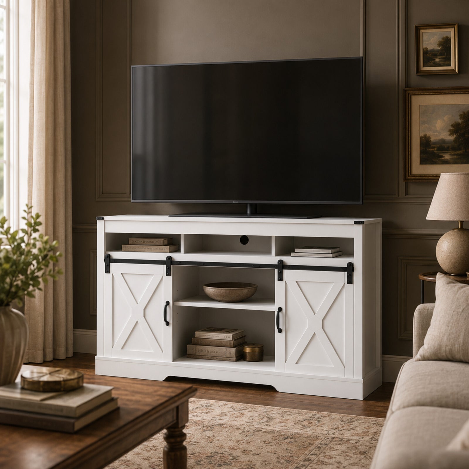 color:white | White 58-inch farmhouse TV stand with sliding barn doors and open storage in a living room