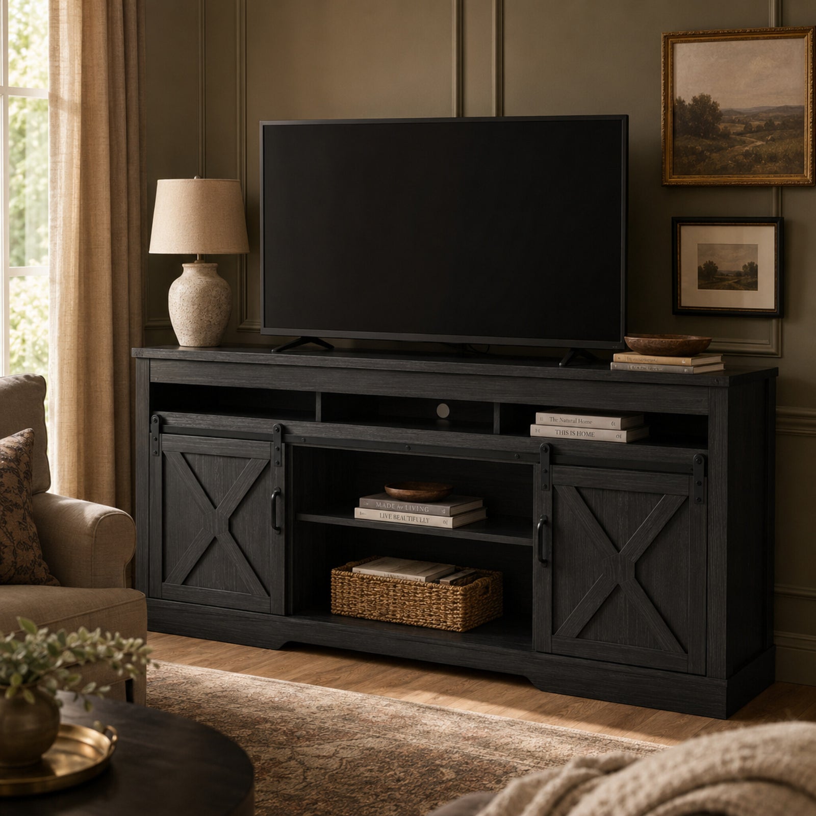 color:black | Black 58-inch farmhouse TV stand with sliding barn doors and open storage in a living room