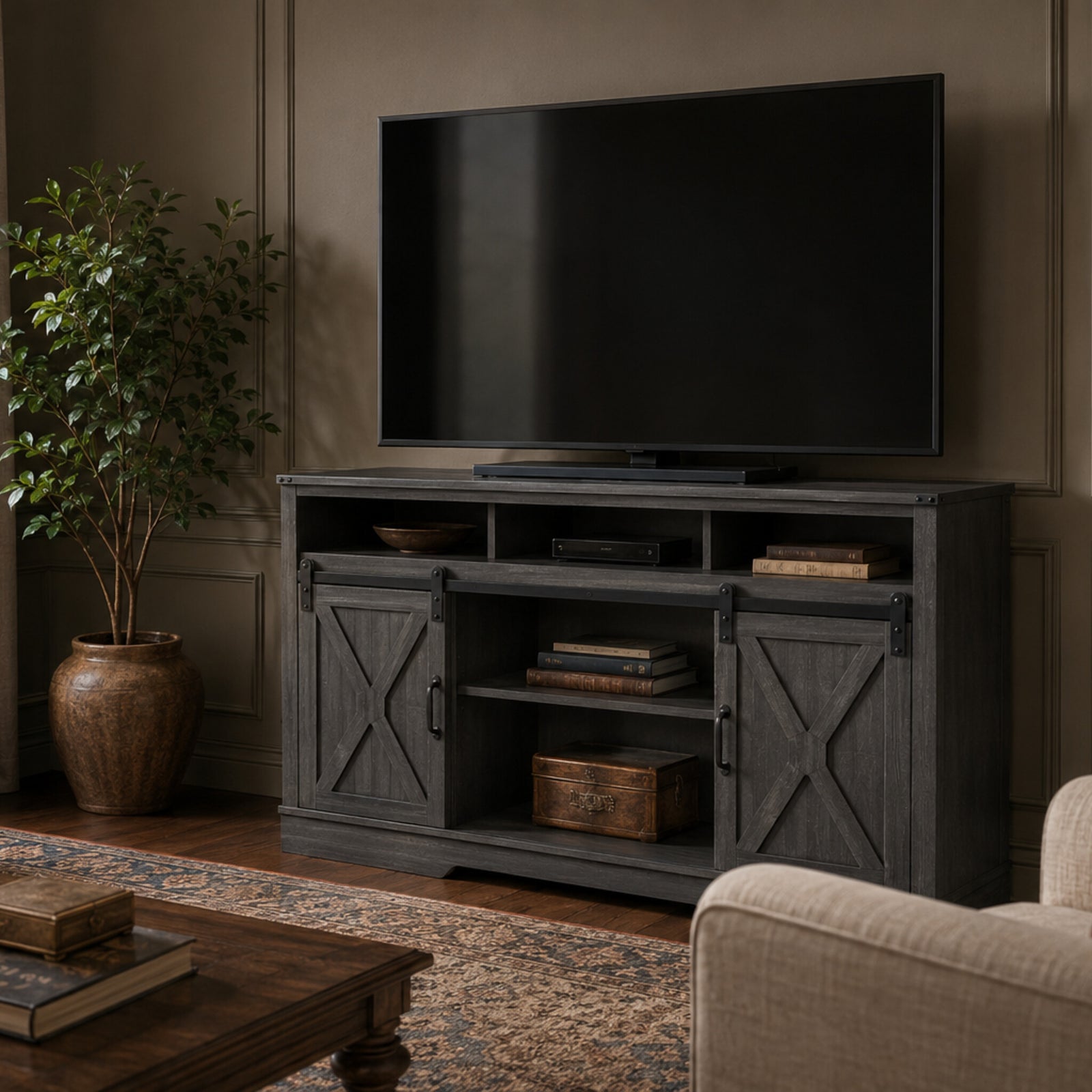 color:dark-gray | Dark Gray 58-inch farmhouse TV stand with sliding barn doors and open storage in a living room