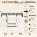 color:white | White 58-inch farmhouse TV stand features, sliding barn doors, cable management, and storage highlights