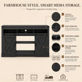 color:black | Black 58-inch farmhouse TV stand features, sliding barn doors, cable management, and storage highlights