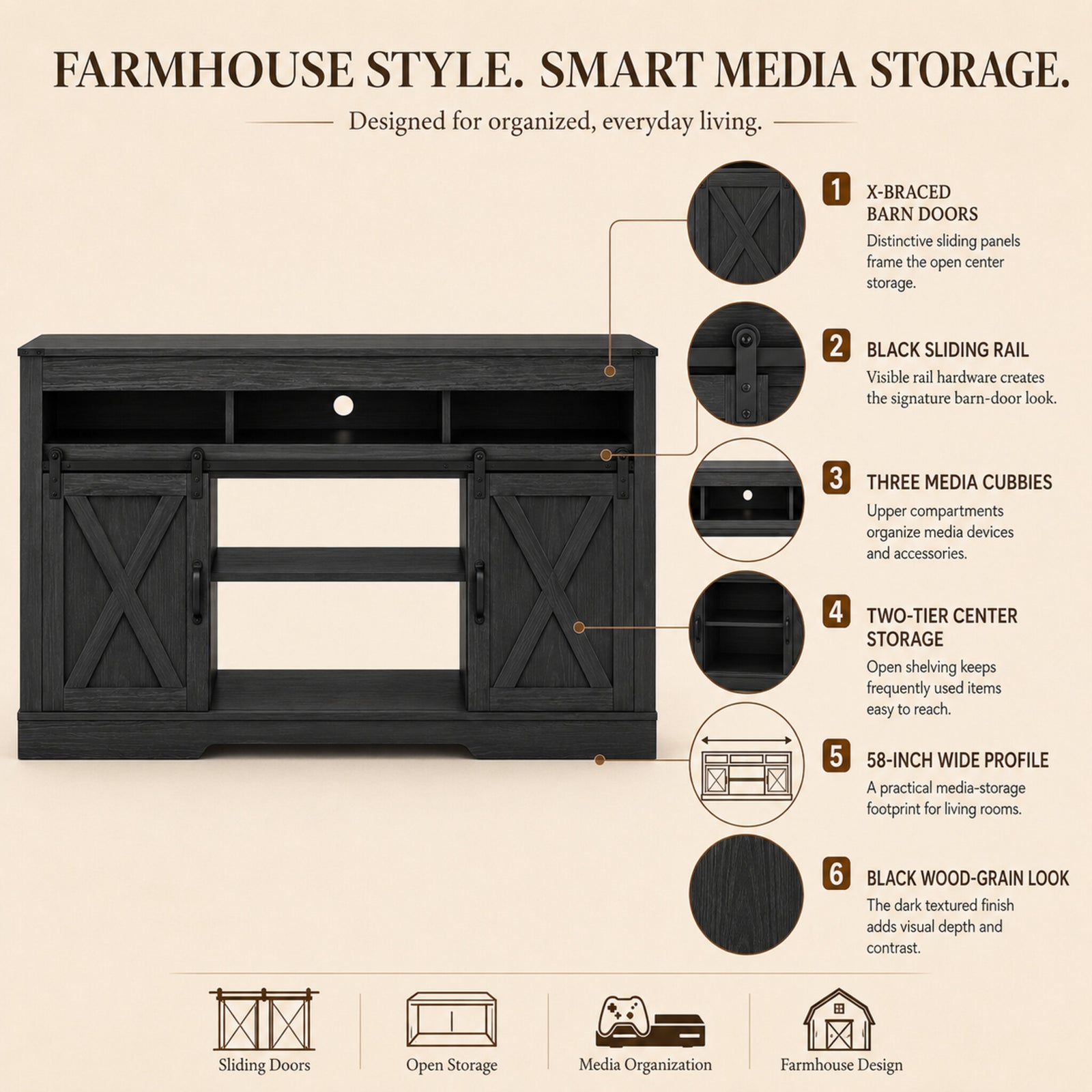 color:black | Black 58-inch farmhouse TV stand features, sliding barn doors, cable management, and storage highlights