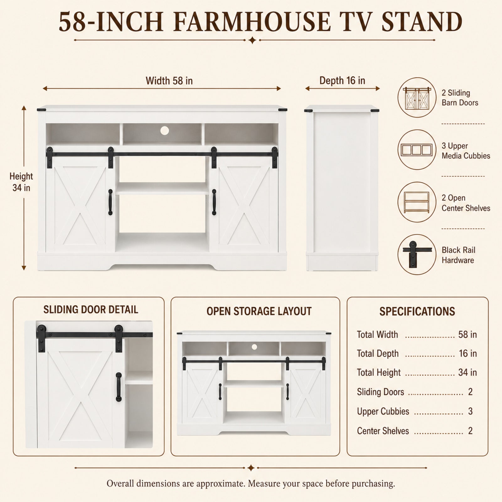 color:white | White 58-inch farmhouse TV stand 58-inch size and product dimensions