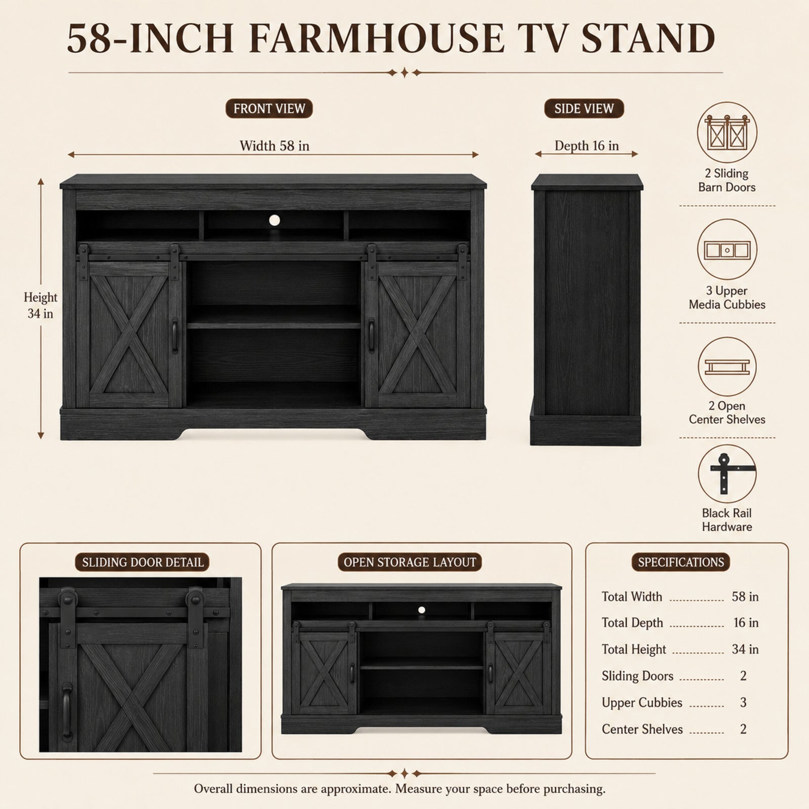 color:black | Black 58-inch farmhouse TV stand 58-inch size and product dimensions