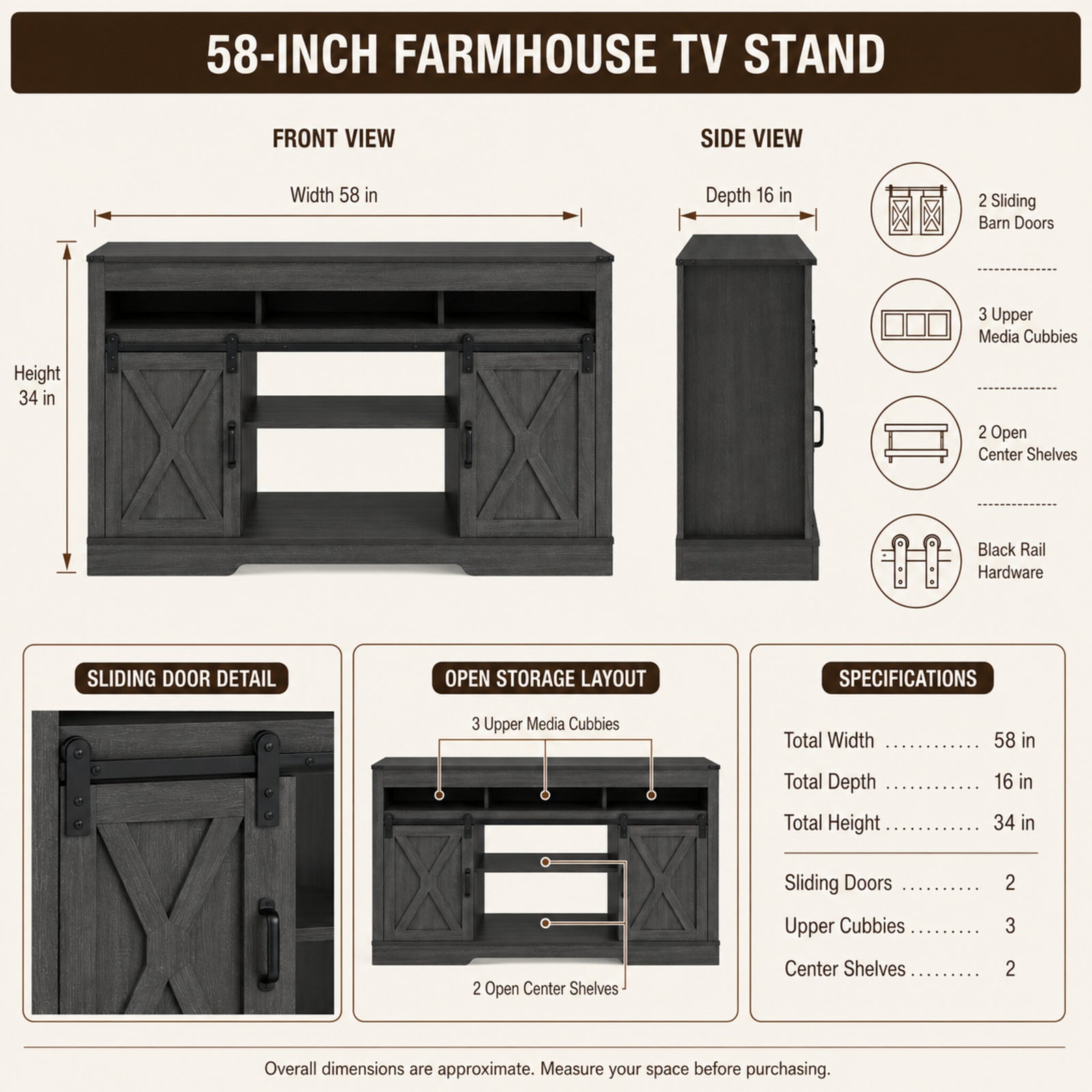color:dark-gray | Dark Gray 58-inch farmhouse TV stand 58-inch size and product dimensions