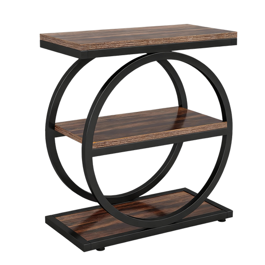 Side End Table with 3 Storage Shelves, Industrial Sofa Table with Round Metal Frame for Living Room, Engineered Wood Nightstand for Bedroom