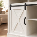 color:white | White 58-inch farmhouse TV stand close-up of the sliding barn door and hardware