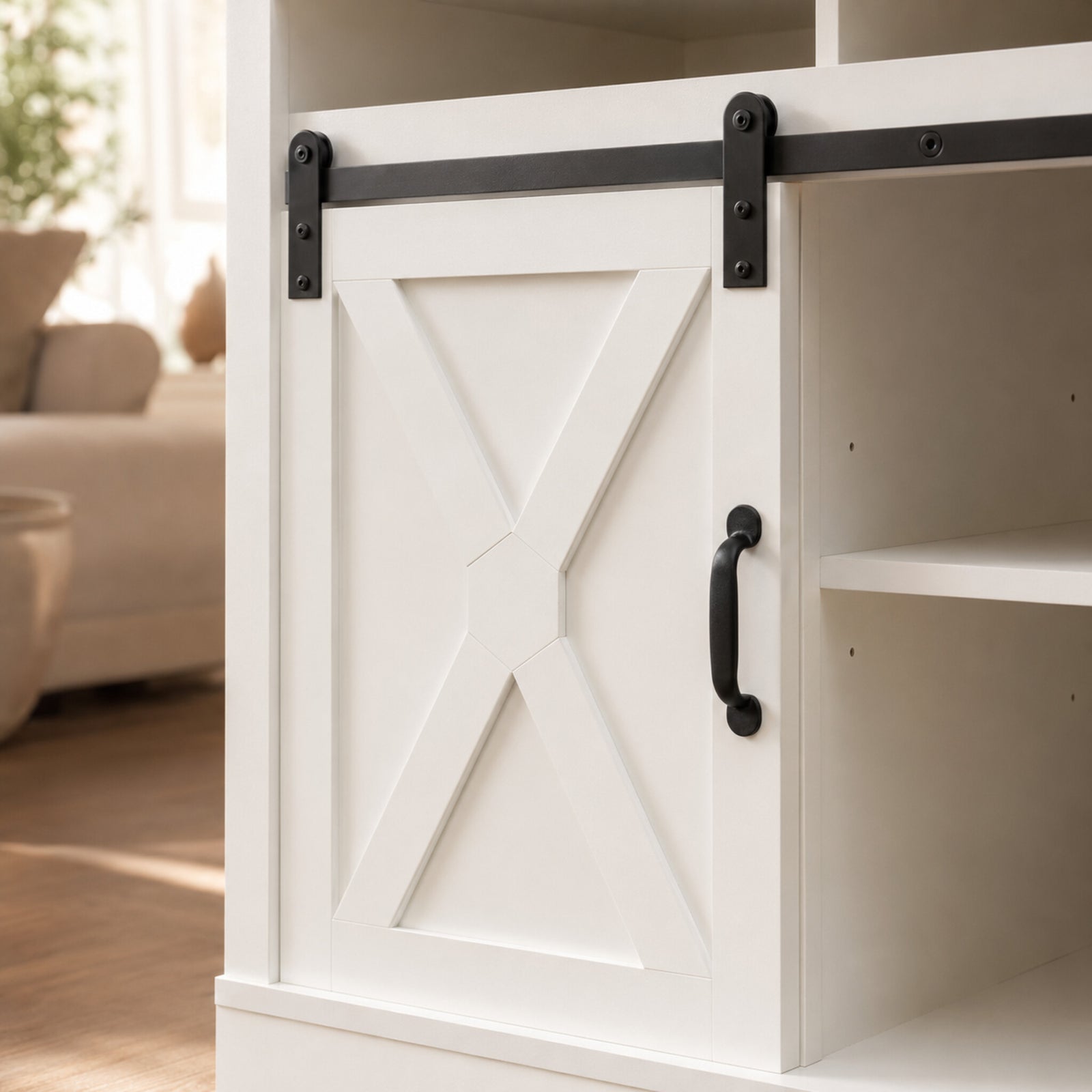 color:white | White 58-inch farmhouse TV stand close-up of the sliding barn door and hardware