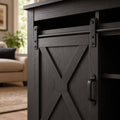 color:black | Black 58-inch farmhouse TV stand close-up of the sliding barn door and hardware