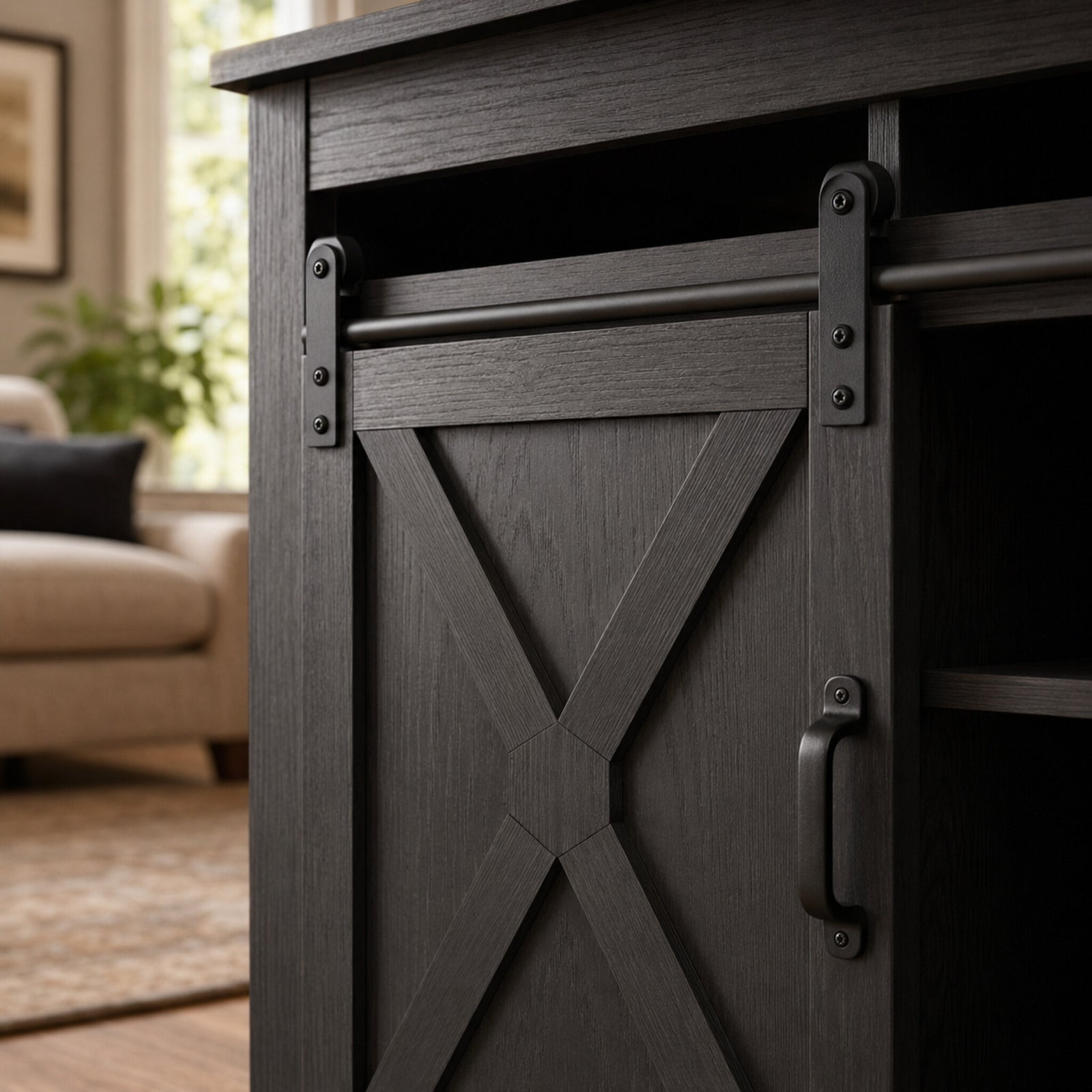 color:black | Black 58-inch farmhouse TV stand close-up of the sliding barn door and hardware