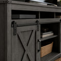 color:dark-gray | Dark Gray 58-inch farmhouse TV stand close-up of the sliding barn door and hardware