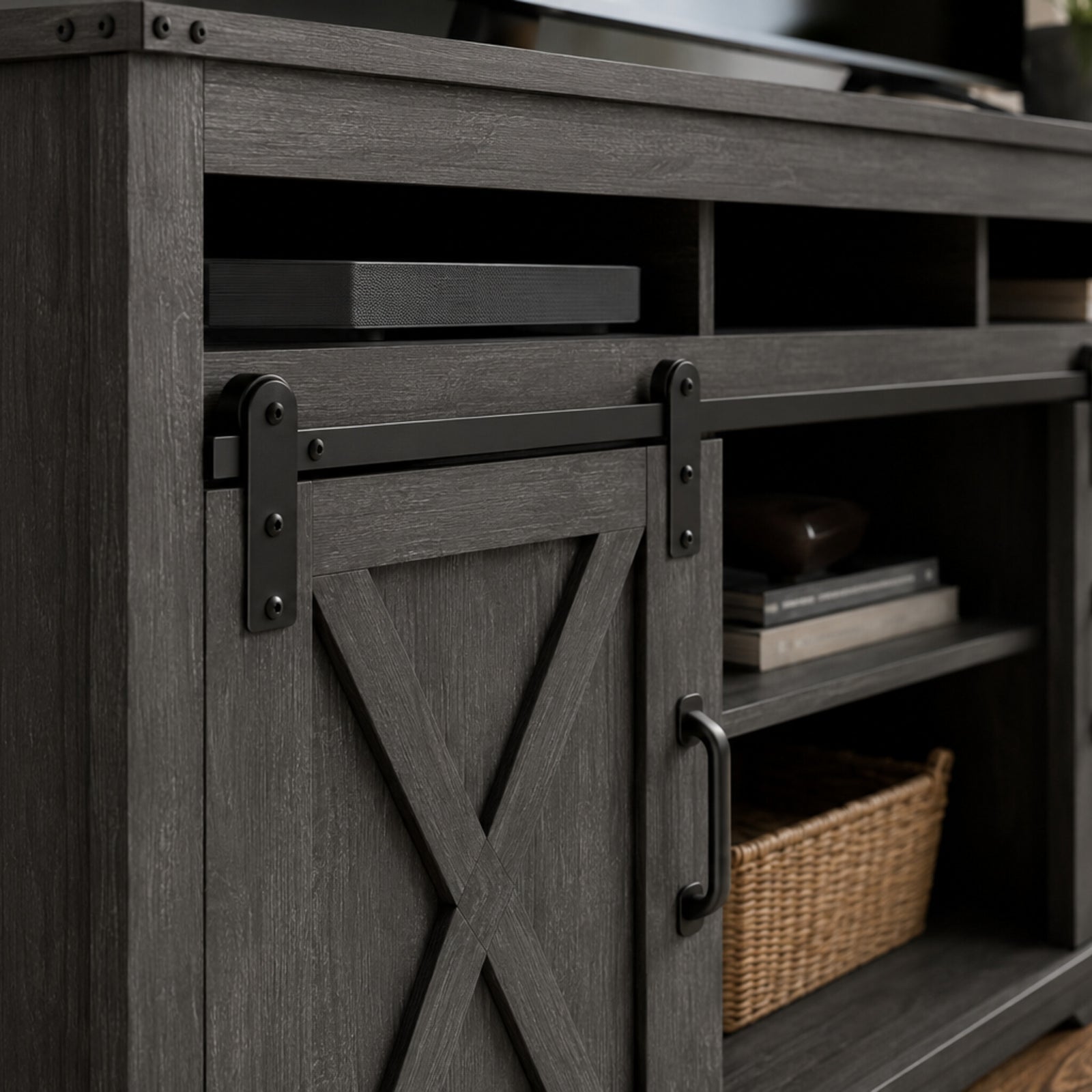 color:dark-gray | Dark Gray 58-inch farmhouse TV stand close-up of the sliding barn door and hardware