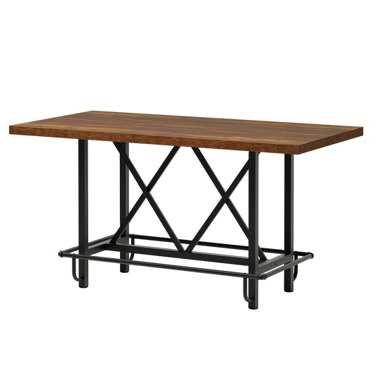 63" Industrial Counter Height Dining Table, Rustic Brown Bar Table with 1.57" Thick Top and Metal Footrest, Large Kitchen