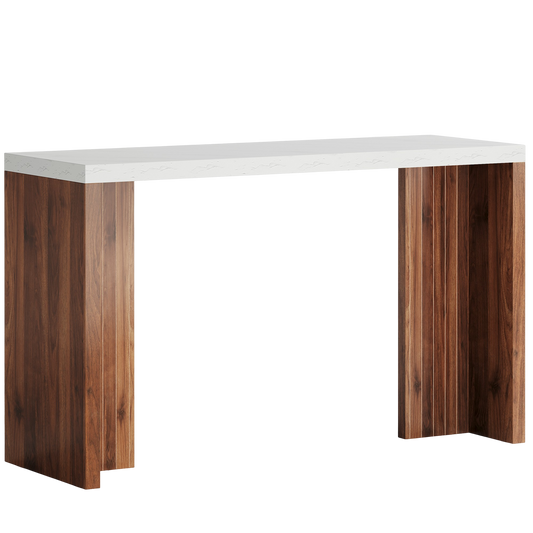 55" Modern Bar Table, Faux Marble Counter Height Pub Table with Walnut Pedestal Legs, Minimalist Console Table for Kitchen