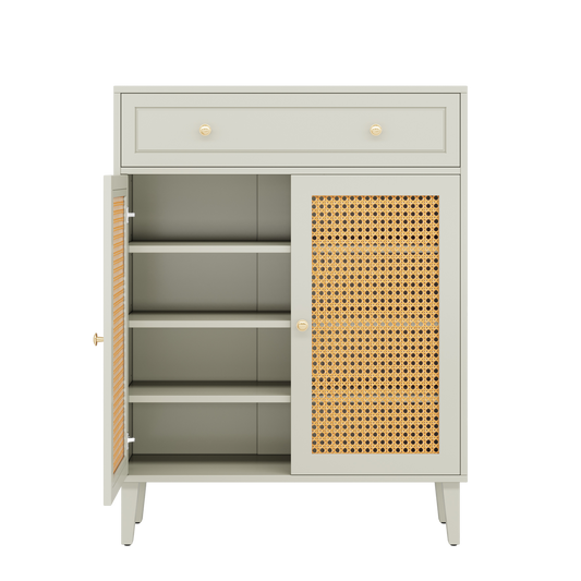 44" Mint Green Shoe Storage Cabinet with Rattan Doors and Drawer, Modern 5-Tier Entryway Organizer with Adjustable Shelves