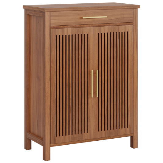 43" Walnut Shoe Storage Cabinet with Louvered Doors and Drawer, 5-Tier Entryway Shoe Organizer with Adjustable Shelves