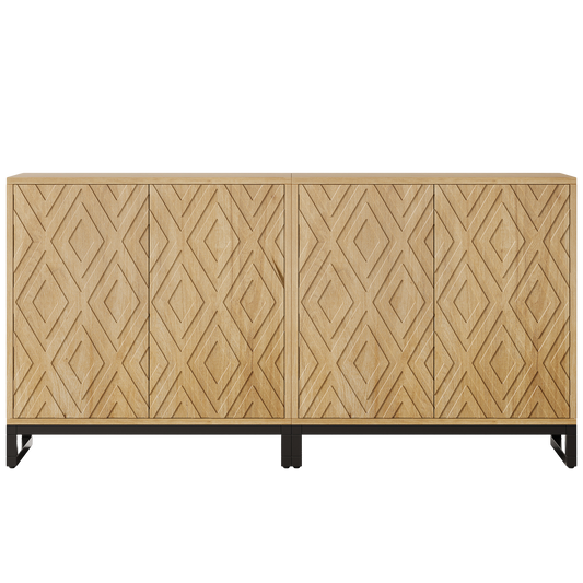 57" Industrial Farmhouse Sideboard Buffet, 4-Door Storage Cabinet with X-Pattern Doors and Metal Sled Base, Large Credenza