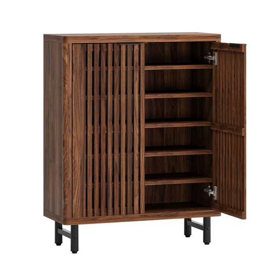 44" Classic Walnut Shoe Storage Cabinet with Vertical Slat Louvered Doors, 6-Tier Large Entryway Shoe Organizer