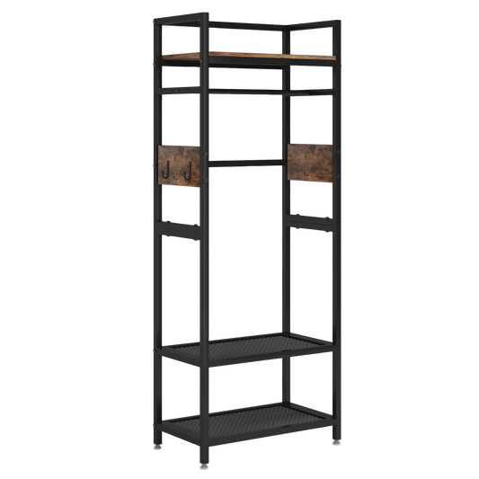 69" Industrial Hall Tree with Hanging Rod & 4 Hooks, Compact Heavy Duty Garment Rack with 3-Tier Storage Shelves - product