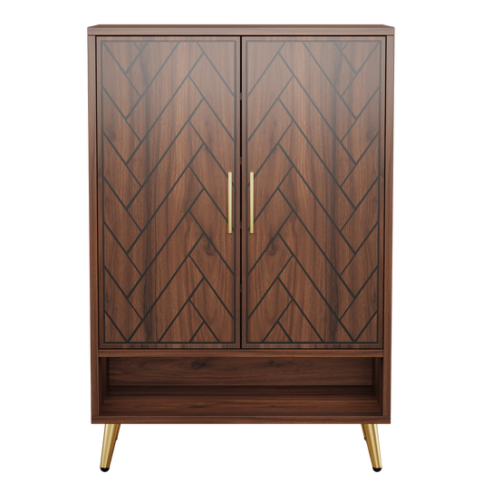 Mid-Century Modern 6-Tier Shoe Cabinet with Herringbone Carved Doors, 24-Pair Entryway Storage Organizer with Open Bottom