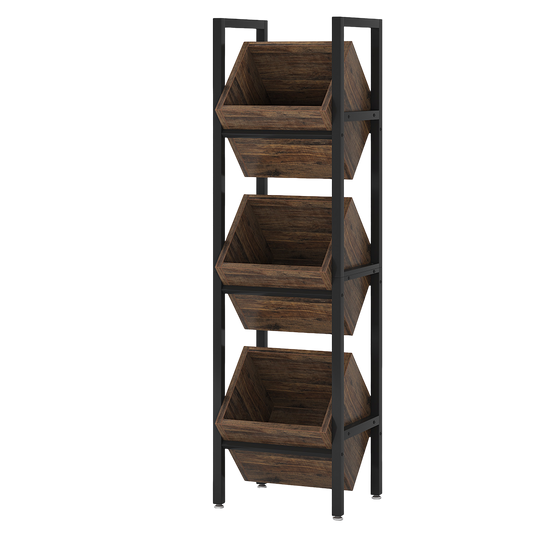 51" Industrial 3-Tier Basket Stand, Rustic Vertical Fruit & Snack Rack with Hexagonal Wood Bins, Standing Storage Tower