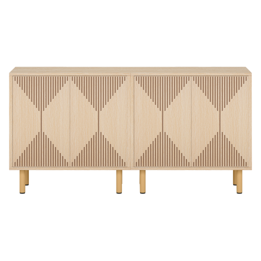 58" Modern Natural Oak Sideboard, 4-Door Storage Cabinet with Geometric Diamond Fluted Pattern, Handle-free Buffet Cabinet