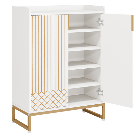 41" Luxury White & Gold Shoe Storage Cabinet, 5-Tier Modern Entryway Organizer with Geometric Diamond Pattern & Metal Base