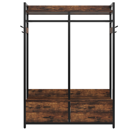 69" Heavy Duty Freestanding Closet Organizer with 4 Drawers & 8 Hooks, Industrial Garment Rack with Hanging Rod & Storage