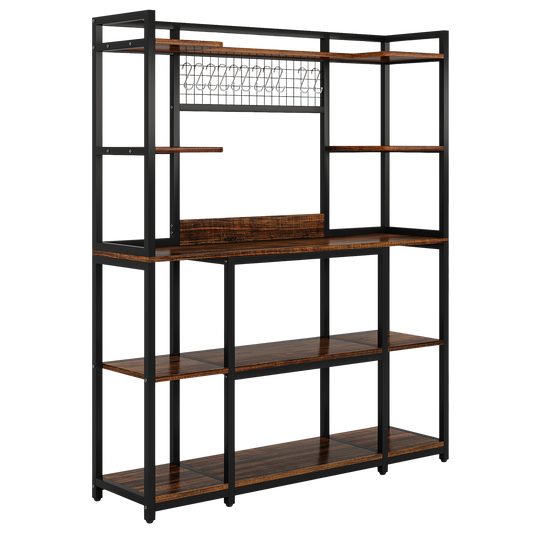 55" Large Bakers Rack, Industrial Kitchen Hutch Cabinet with 11 Hooks, 5-Tier Microwave Stand & Storage Shelf for Coffee