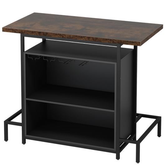 47" Industrial Home Bar Unit, 3-Tier Liquor Bar Table with 4 Stemware Racks, Rustic Brown Wine Cabinet with Footrest for Home Pub & Bistro